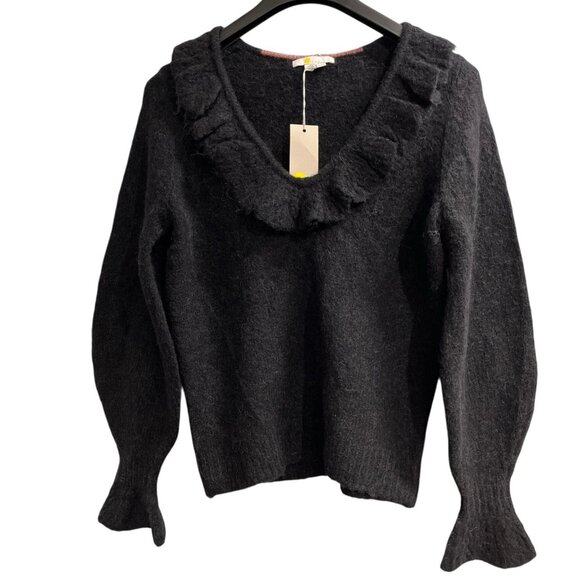 Boden Sweater Womens 6 Black Fluffy Frill Wool Blend V Neck Pullover Balloon Slv - Picture 1 of 12